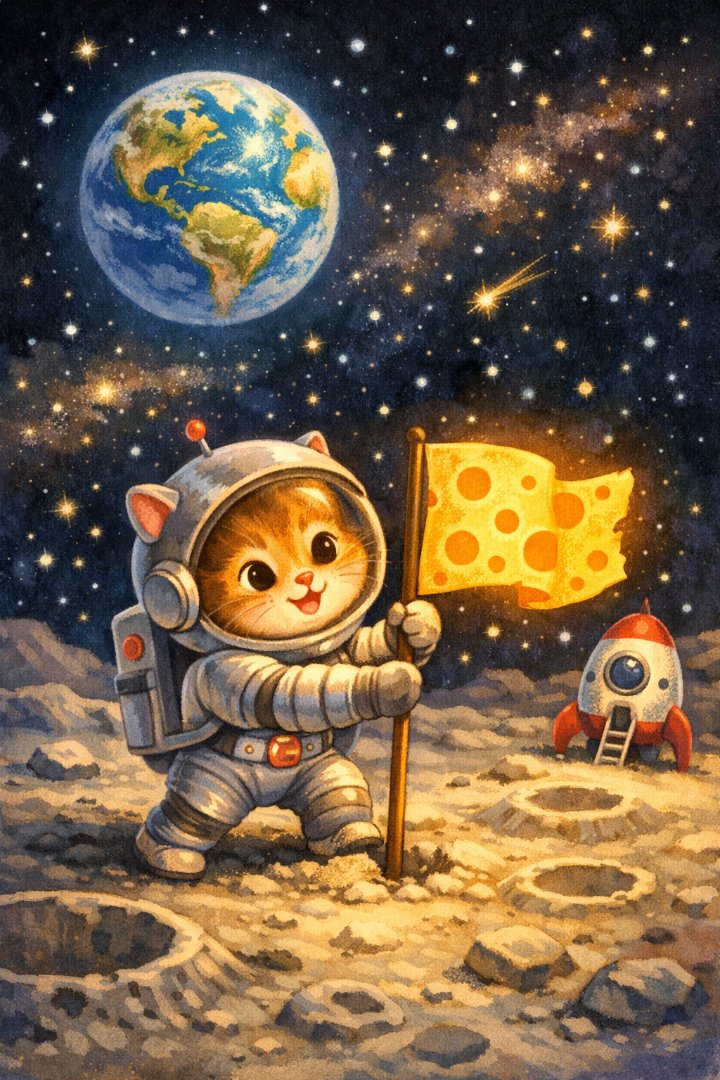 Vee's storybook painting: an astronaut cat planting a cheese flag on the moon